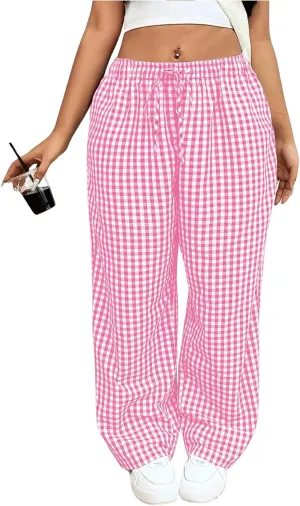 Floerns Women's Plus Size Drawstring Waist Gingham Plaid Baggy Wide Leg Pants