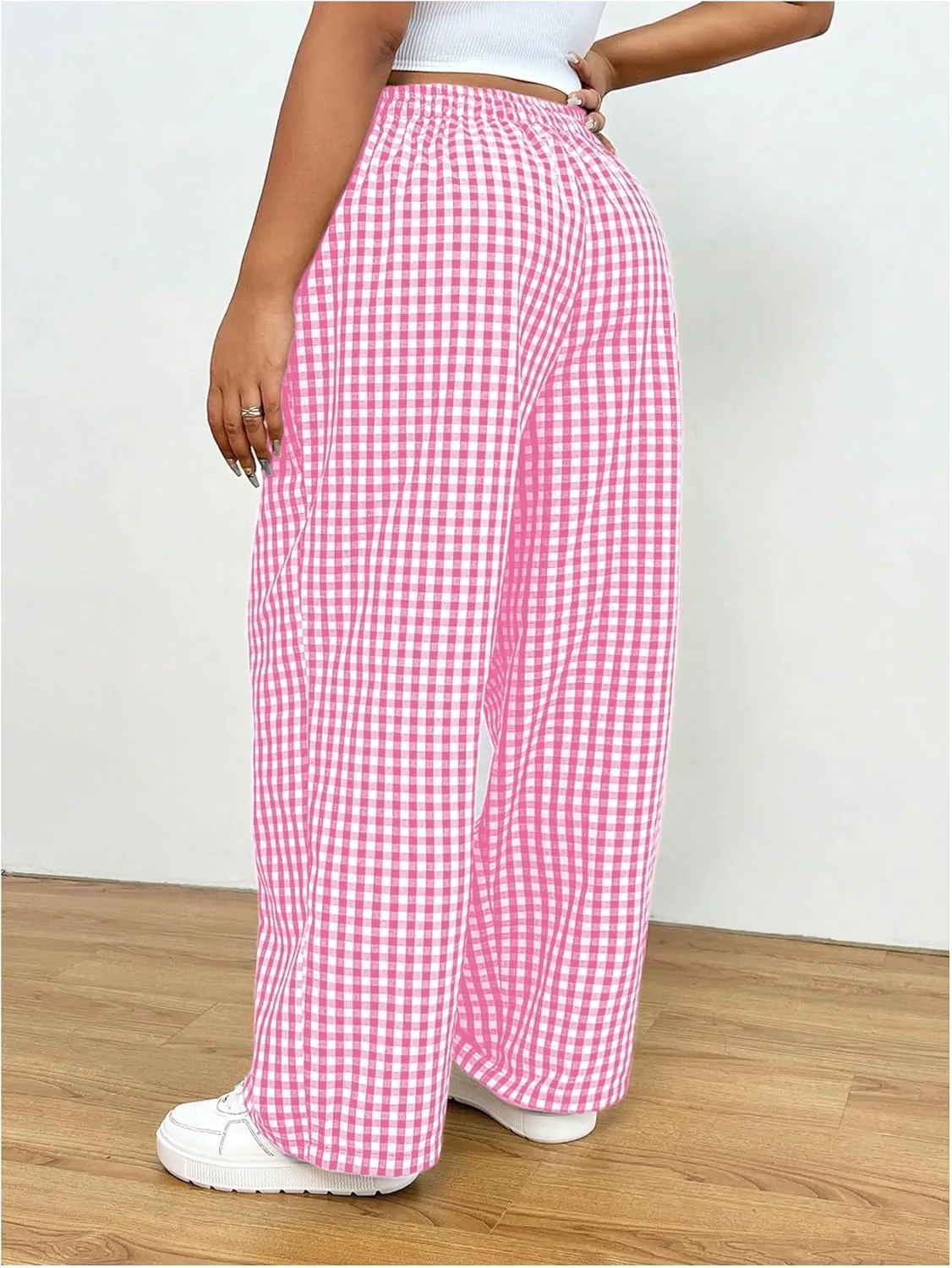Floerns Women's Plus Size Drawstring Waist Gingham Plaid Baggy Wide Leg Pants
