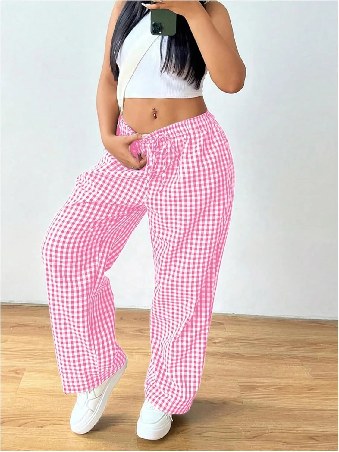 Floerns Women's Plus Size Drawstring Waist Gingham Plaid Baggy Wide Leg Pants