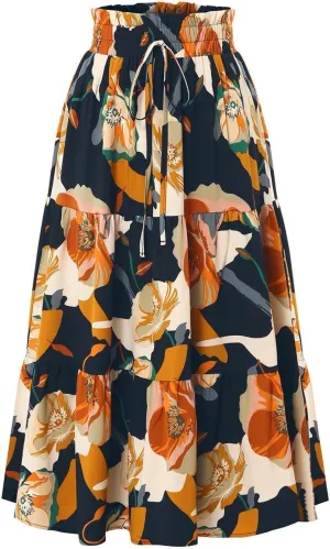 Floral Maxi Skirt for Women Summer Boho Tiered Elastic High Waisted Skirts Vacation A-Line Flowy Swing Long Skirts