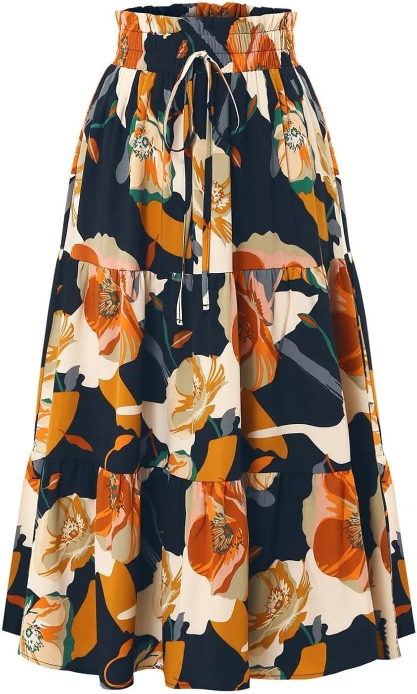 Floral Maxi Skirt for Women Summer Boho Tiered Elastic High Waisted Skirts Vacation A-Line Flowy Swing Long Skirts