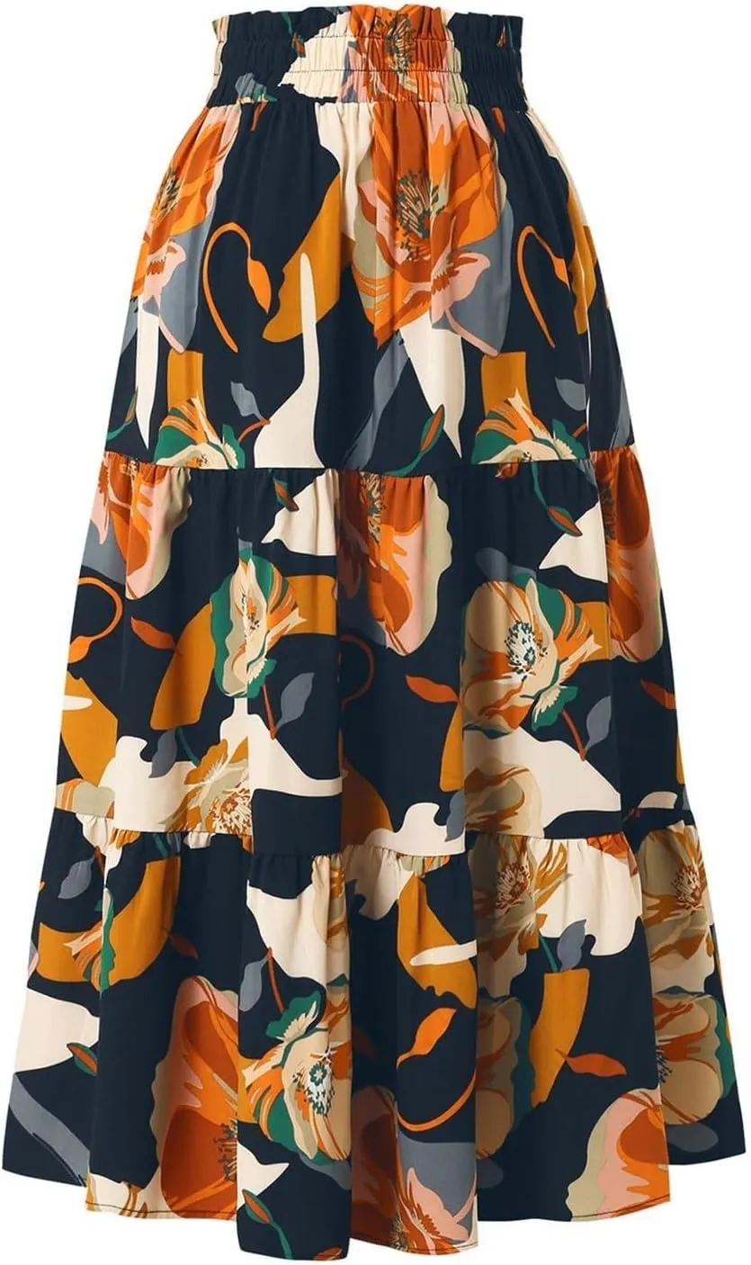 Floral Maxi Skirt for Women Summer High Waisted Comfy Tiered Elastic Skirts Vacation A-Line Flowy Swing Long Skirts