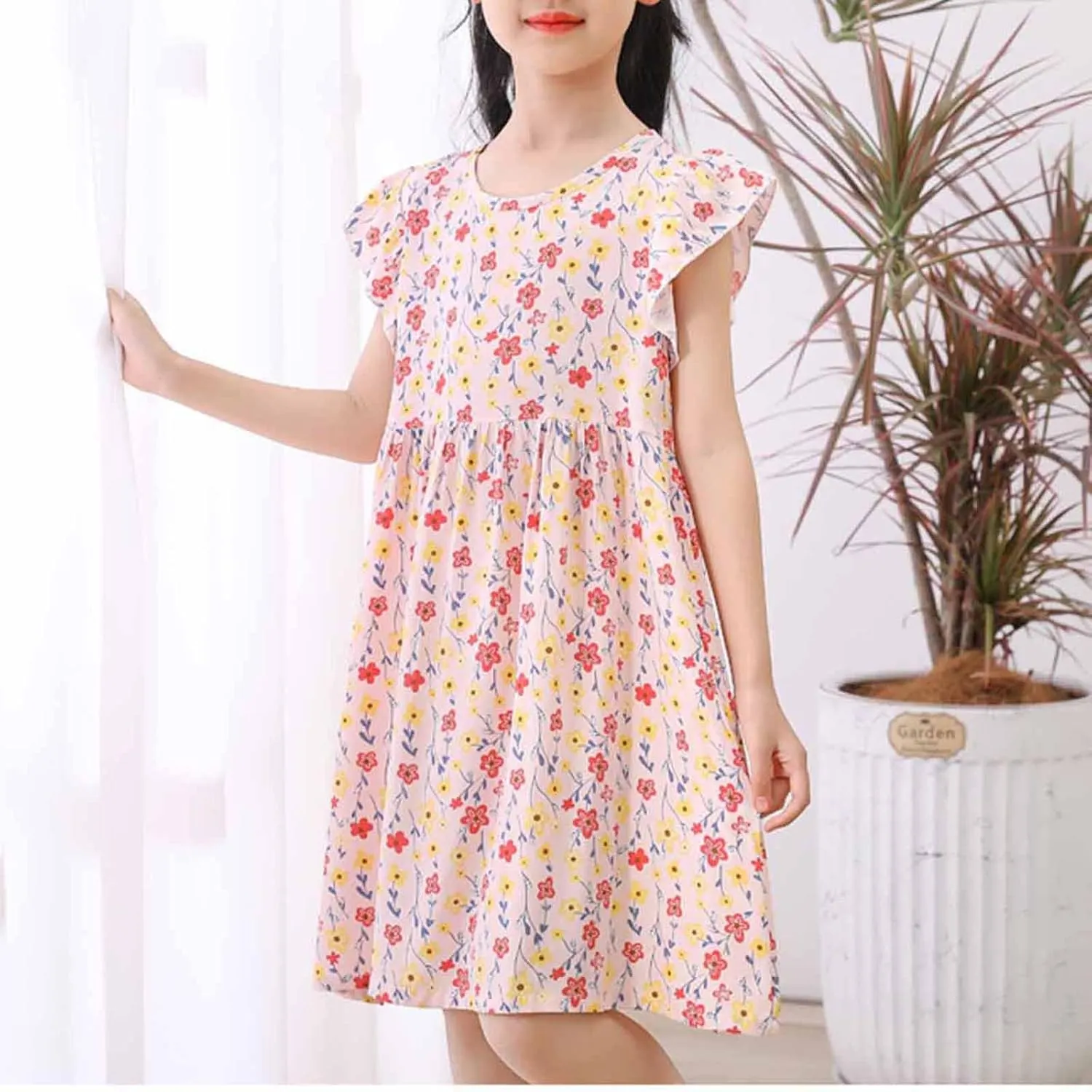 Girls Casual Dress Summer Floral Printed Ruffle Sleeve A Line Party Dress Round Neck Boho Dresses Size 3-14 Years