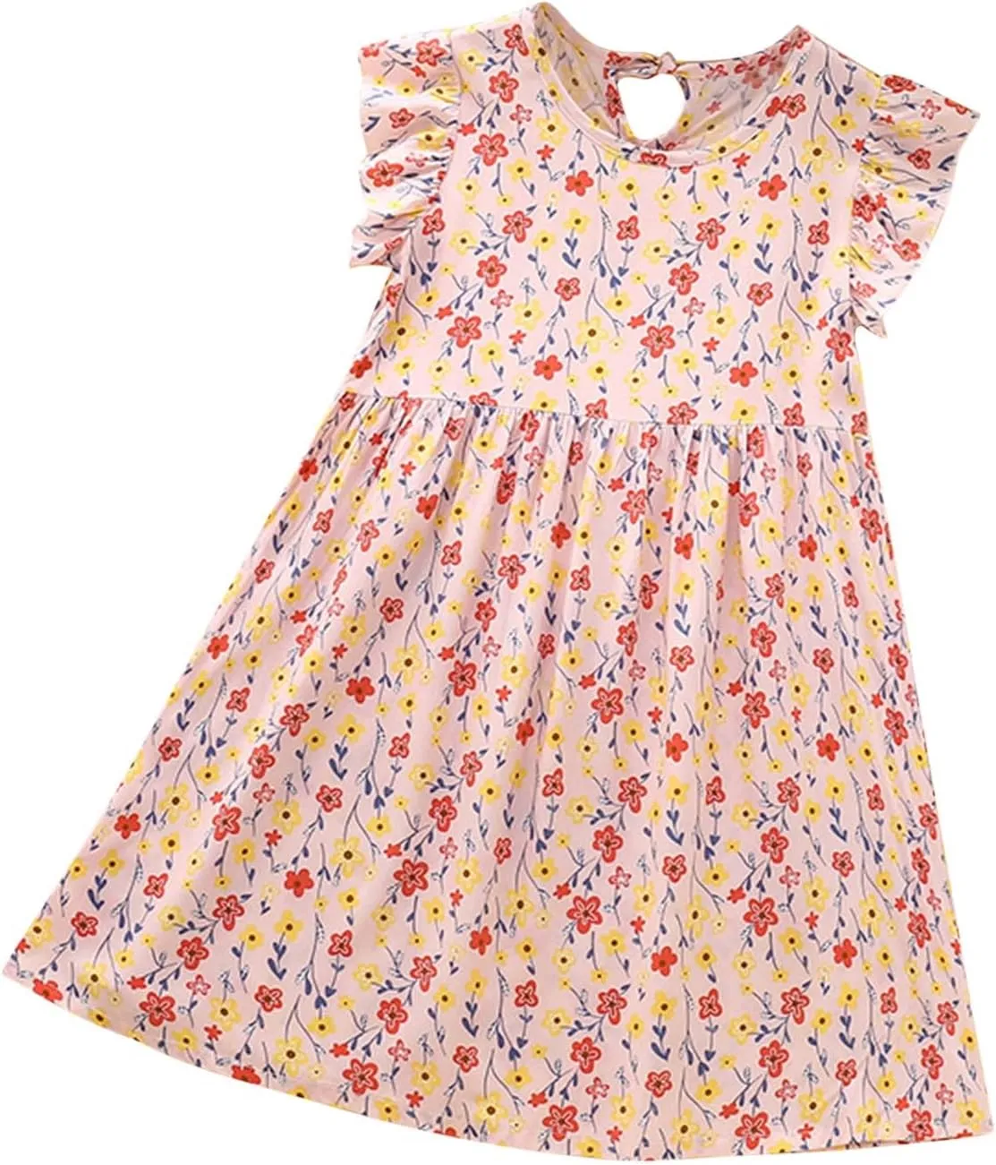 Girls Casual Dress Summer Floral Printed Ruffle Sleeve A Line Party Dress Round Neck Boho Dresses Size 3-14 Years