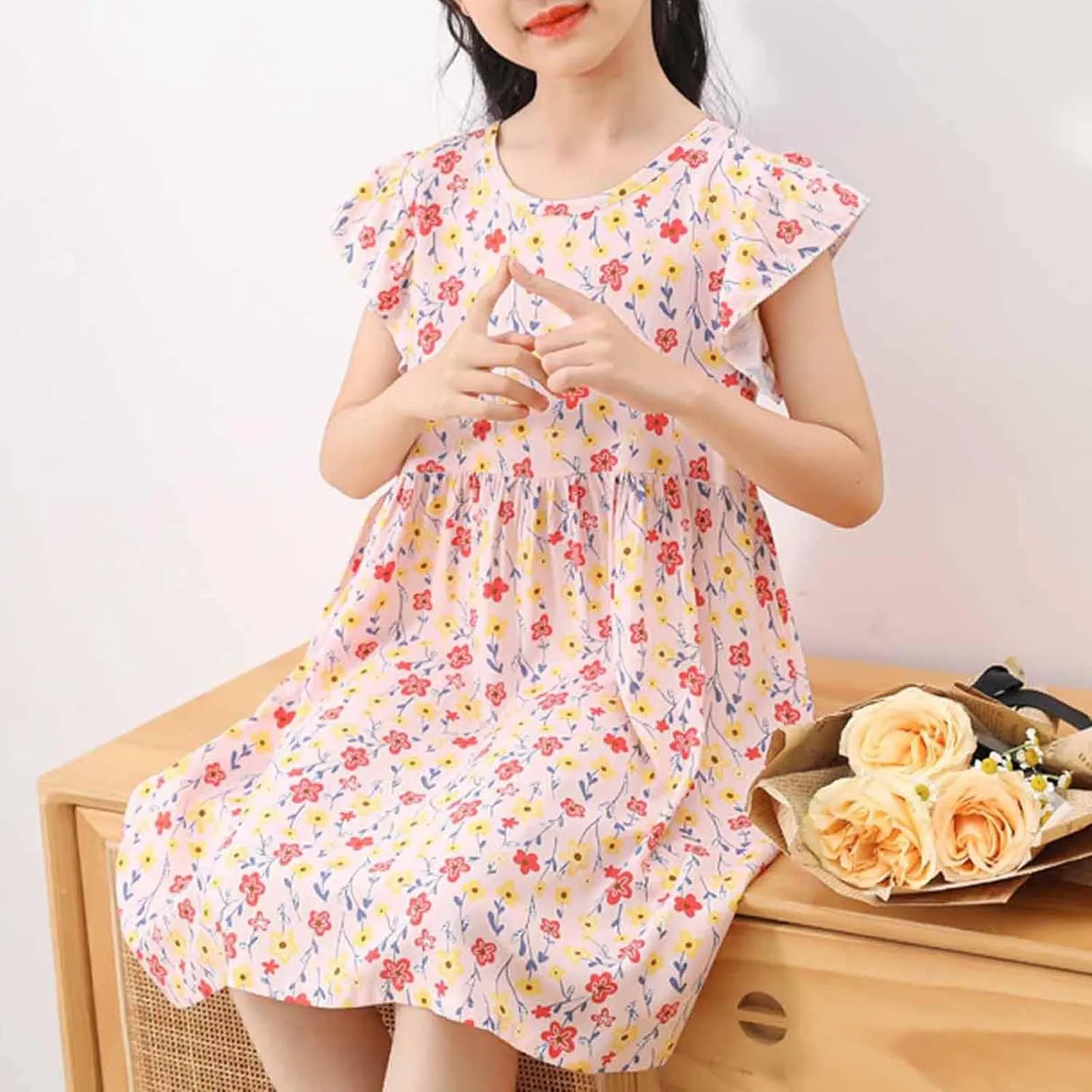 Girls Casual Dress Summer Floral Printed Ruffle Sleeve A Line Party Dress Round Neck Boho Dresses Size 3-14 Years