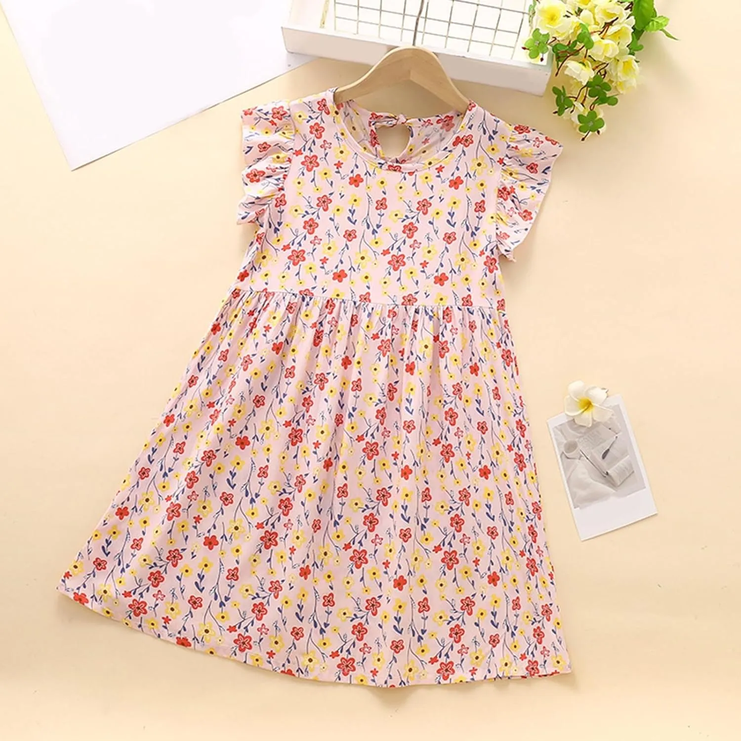 Girls Casual Dress Summer Floral Printed Ruffle Sleeve A Line Party Dress Round Neck Boho Dresses Size 3-14 Years