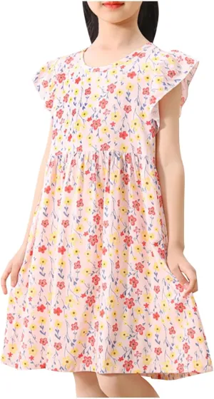 Girls Casual Dress Summer Floral Printed Ruffle Sleeve A Line Party Dress Round Neck Boho Dresses Size 3-14 Years