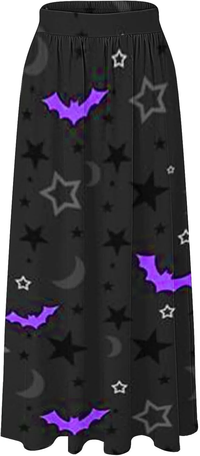 Halloween Skirt Skirt High Waist Party Beach Pocket Long Maxi Skirt Halloween Ball Teacher Outfits for Women Bat