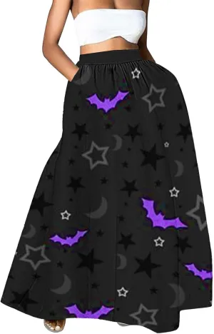 Halloween Skirt Skirt High Waist Party Beach Pocket Long Maxi Skirt Halloween Ball Teacher Outfits for Women Bat