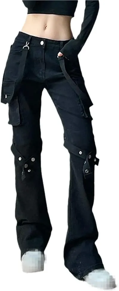 Harajuku Gothic Fashion Patchwork Black Jeans Punk Grunge Aesthetic Women Autumn Electro Pants Emo Printed Streetwear