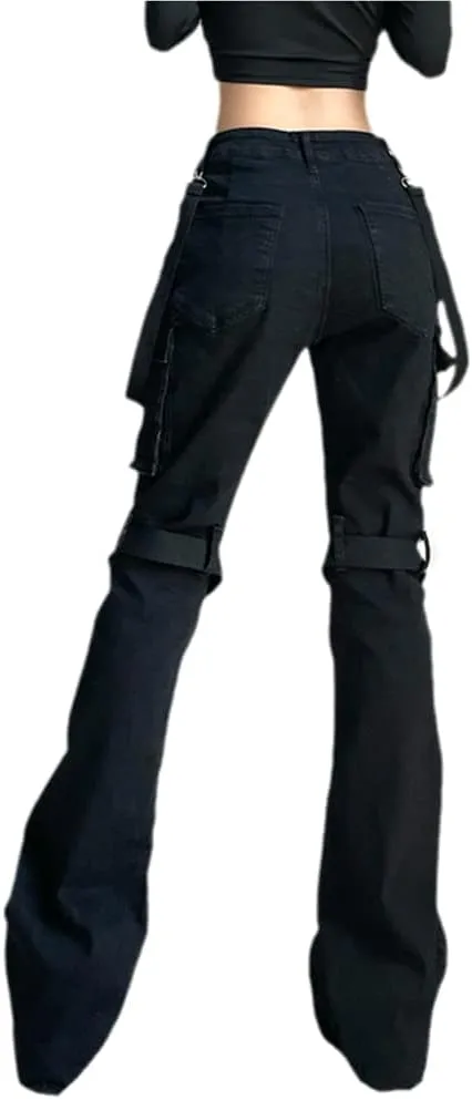 Harajuku Gothic Fashion Patchwork Black Jeans Punk Grunge Aesthetic Women Autumn Electro Pants Emo Printed Streetwear