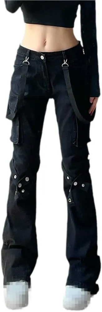 Harajuku Gothic Fashion Patchwork Black Jeans Punk Grunge Aesthetic Women Autumn Electro Pants Emo Printed Streetwear