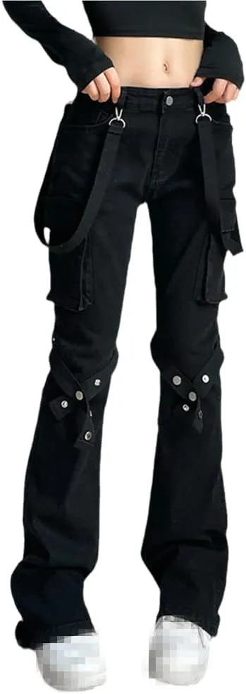 Harajuku Gothic Fashion Patchwork Black Jeans Punk Grunge Aesthetic Women Autumn Electro Pants Emo Printed Streetwear