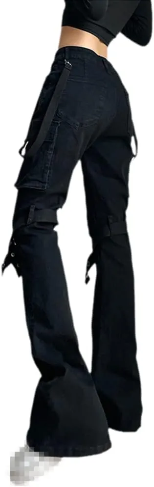Harajuku Gothic Fashion Patchwork Black Jeans Punk Grunge Aesthetic Women Autumn Electro Pants Emo Printed Streetwear