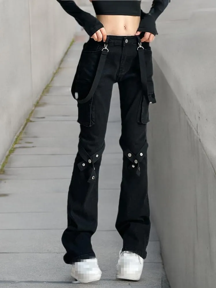 Harajuku Gothic Fashion Patchwork Black Jeans Punk Grunge Aesthetic Women Autumn Electro Pants Emo Printed Streetwear