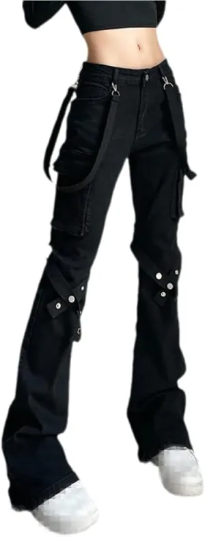 Harajuku Gothic Fashion Patchwork Black Jeans Punk Grunge Aesthetic Women Autumn Electro Pants Emo Printed Streetwear
