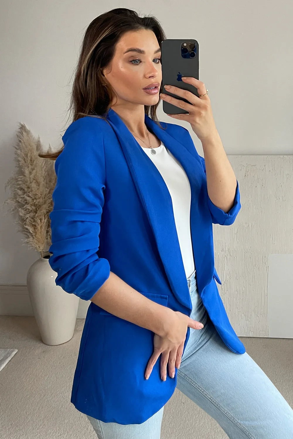 Hope Blue Ruched Sleeve Tailored Blazer