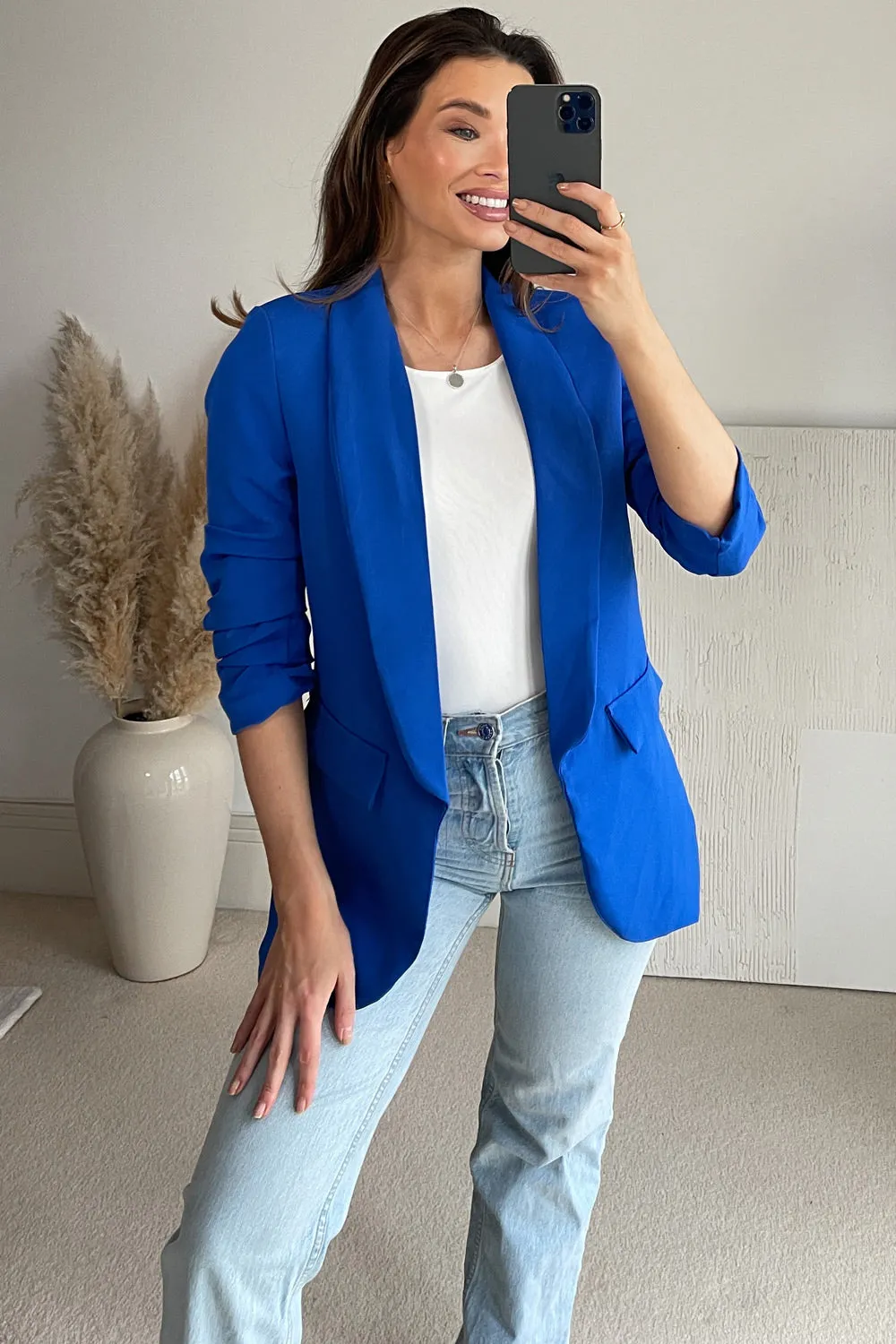 Hope Blue Ruched Sleeve Tailored Blazer