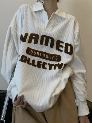 Joskaa Deeptown Vintage Streetwear Corduroy Hoodies Women Hip Hop Embroidery Sweatshirt Retro Loose Casual Polo Collar Trendy Tops Y2K