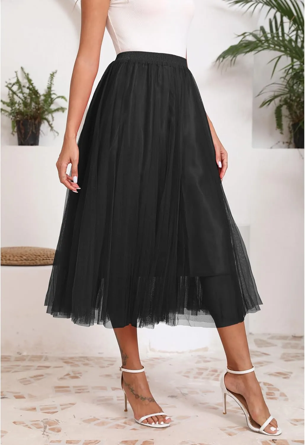Kingfancy Women's Winter Skirts 2 Layered Tulle Tiered Long Skirts Elastic Waist A-Line Midi Skirts