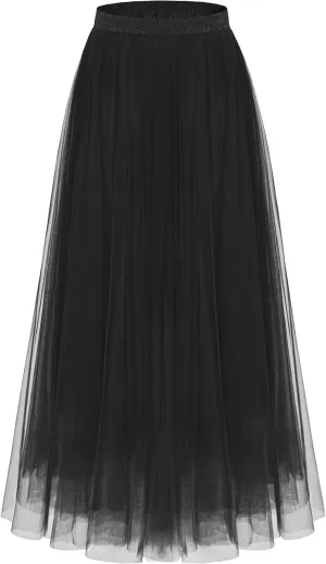 Kingfancy Women's Winter Skirts 2 Layered Tulle Tiered Long Skirts Elastic Waist A-Line Midi Skirts