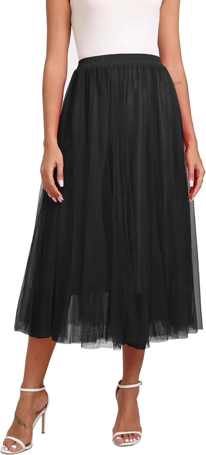 Kingfancy Women's Winter Skirts 2 Layered Tulle Tiered Long Skirts Elastic Waist A-Line Midi Skirts