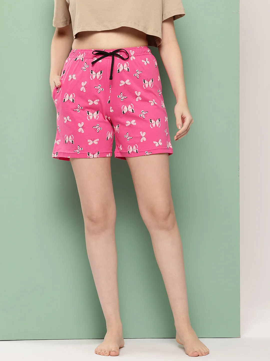 Leading Lady Women's Floral Printed Cotton Mid Rise Bermuda Shorts with Pocket & inner elastic Regular Fit Casual Lounge Shorts [SHO-2033-1]