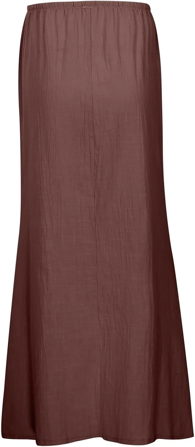 Linen Maxi Skirts For Women Trendy Summer Comfy Drawstring Waist A Line Dress Cute Vacation Boho Long Flowy Skirt