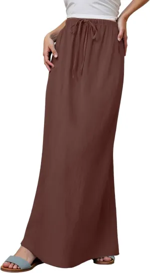 Linen Maxi Skirts For Women Trendy Summer Comfy Drawstring Waist A Line Dress Cute Vacation Boho Long Flowy Skirt