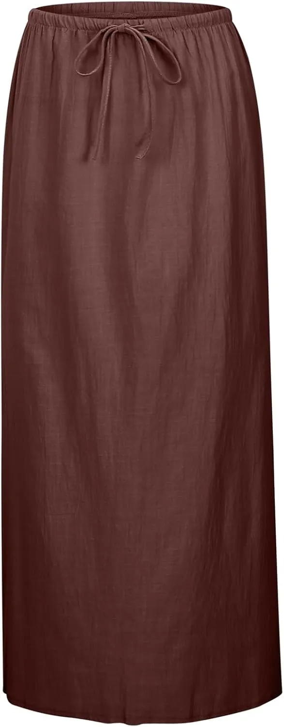 Linen Maxi Skirts For Women Trendy Summer Comfy Drawstring Waist A Line Dress Cute Vacation Boho Long Flowy Skirt