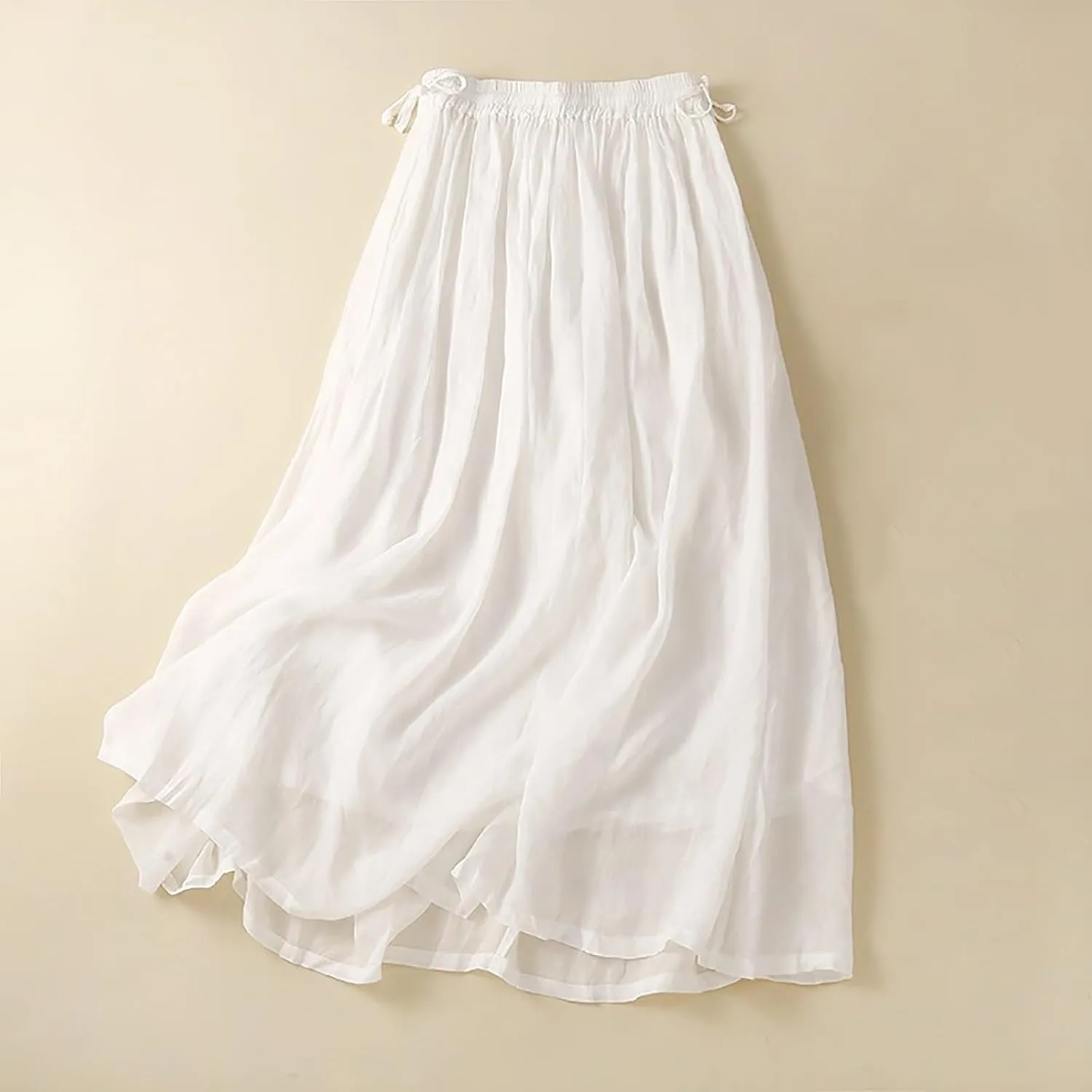 Linen Skirts for Women Summer Casual Elastic High Waisted Flowy A Line Midi Skirt with Lining