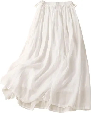 Linen Skirts for Women Summer Casual Elastic High Waisted Flowy A Line Midi Skirt with Lining