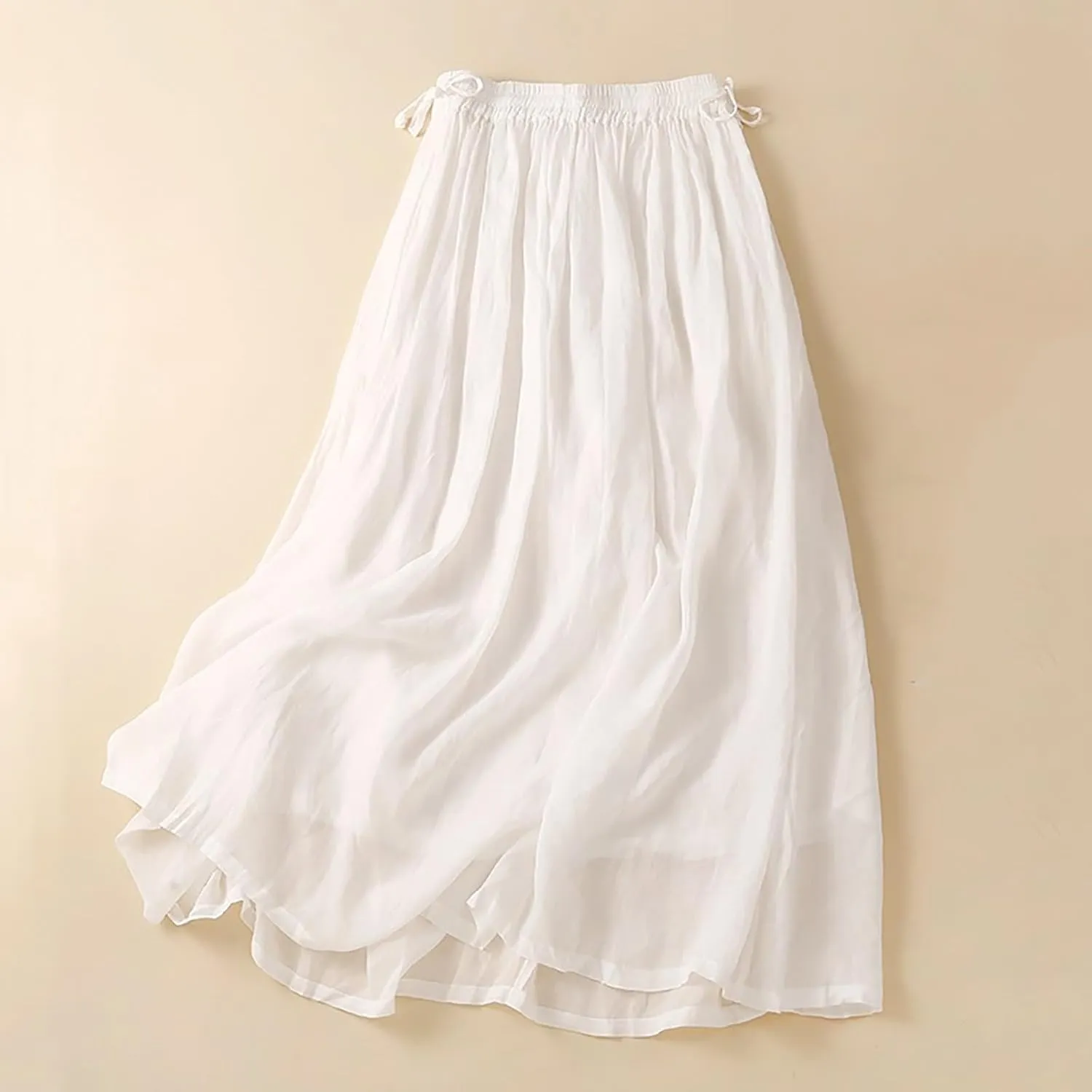 Linen Skirts for Women Summer Casual Elastic High Waisted Flowy A Line Midi Skirt with Lining