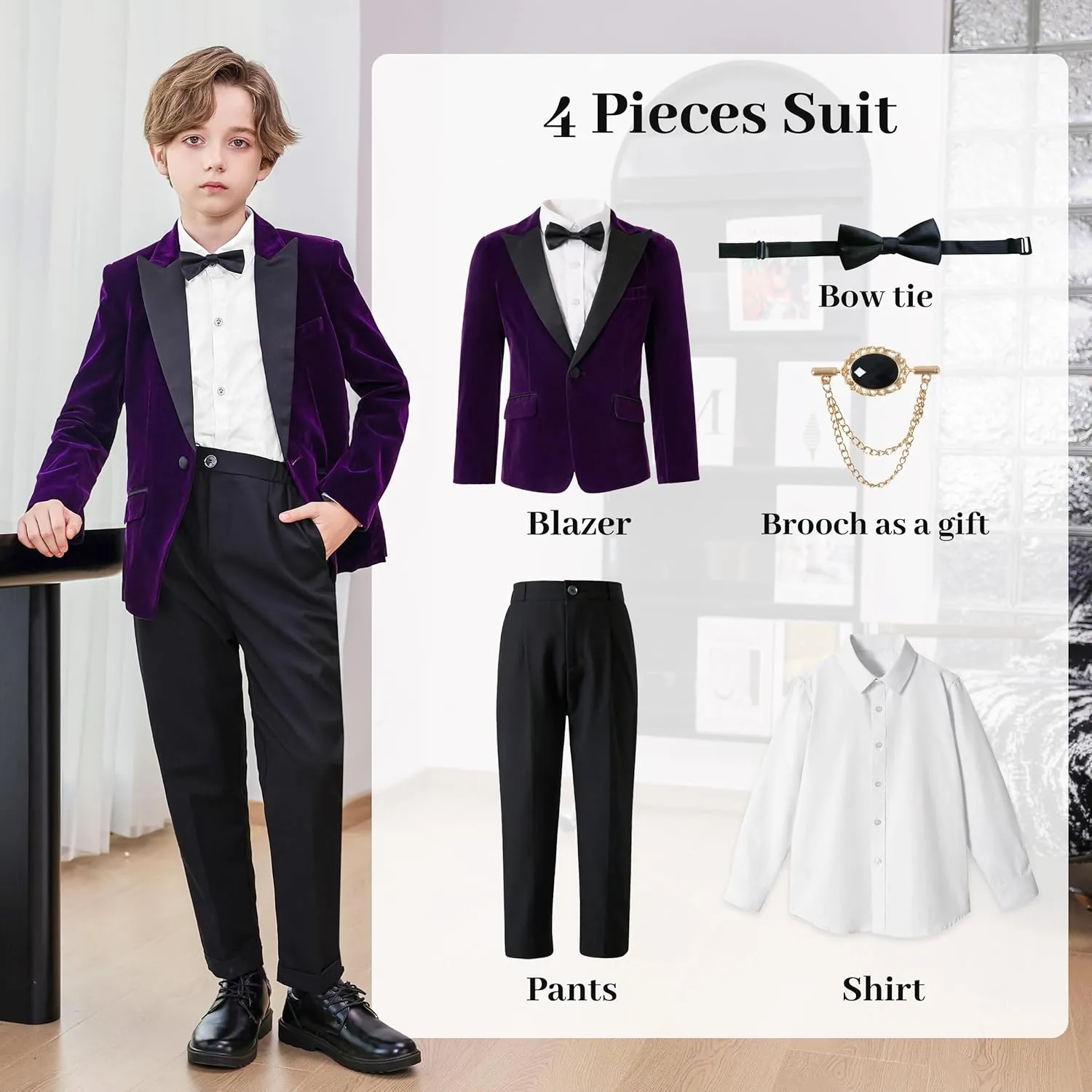 LOLANTA Boys 4 Piece Velvet Suit Formal Tuxedo Kids Slim Fit Blazer Dress Shirt Pants Outfit with Bow Tie
