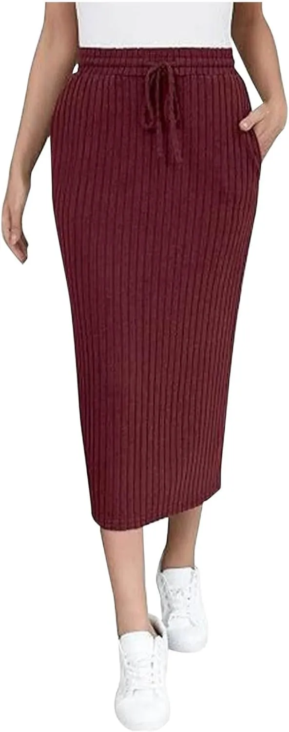Long Midi Skirts for Women Dressy Casual Drawstring Elastic High Waisted Ribbed Knit Sweater Skirt with Pockets