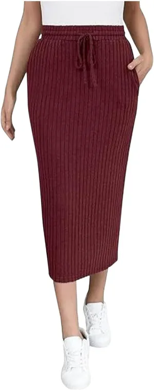 Long Midi Skirts for Women Dressy Casual Drawstring Elastic High Waisted Ribbed Knit Sweater Skirt with Pockets