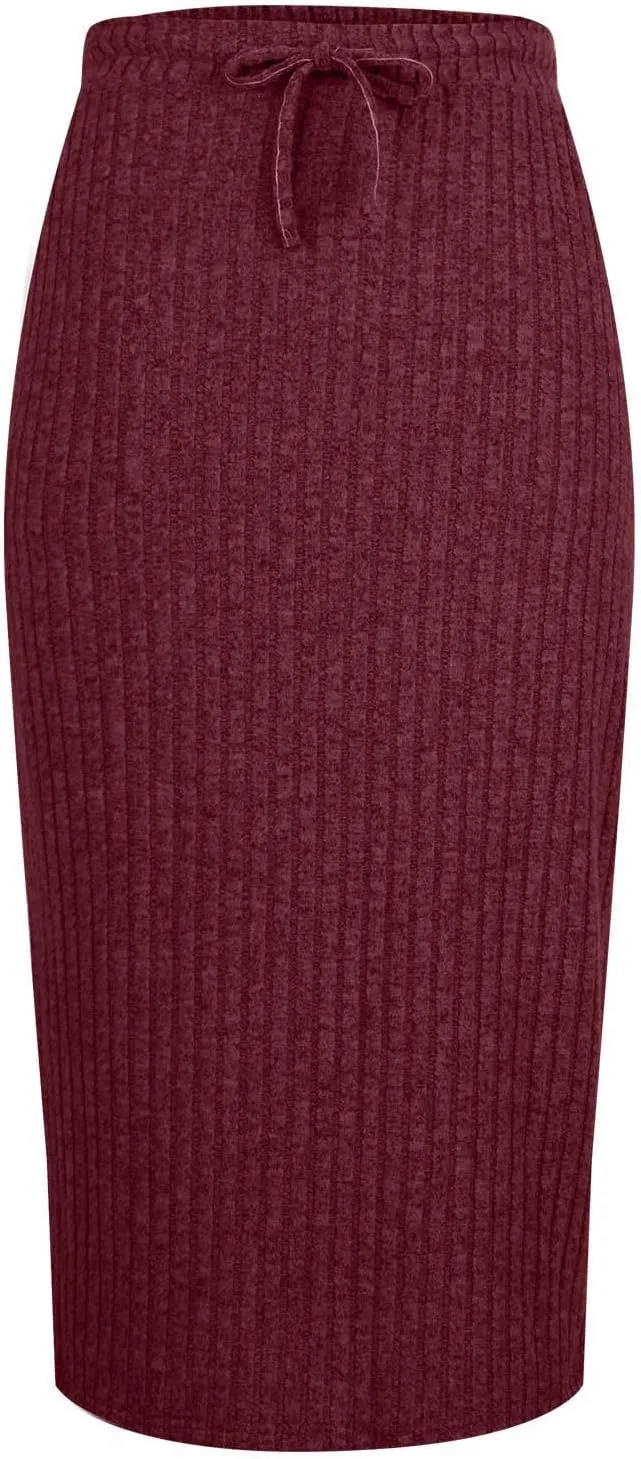 Long Midi Skirts for Women Dressy Casual Drawstring Elastic High Waisted Ribbed Knit Sweater Skirt with Pockets