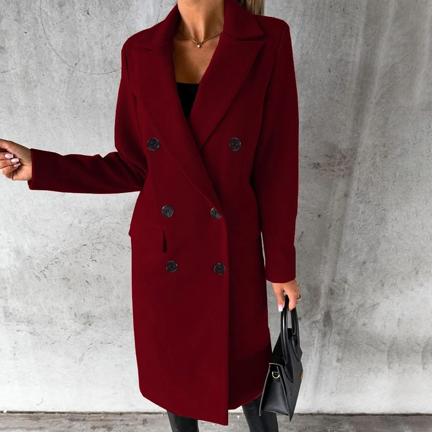 Long Trench Coat for Women Casual Double Breasted Pea Coat Winter Notched Lapel Midi Wool Coat Jacket Overcoat