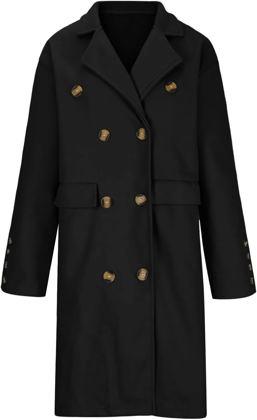 Long Trench Coat for Women Casual Double Breasted Pea Coat Winter Notched Lapel Midi Wool Coat Jacket Overcoat