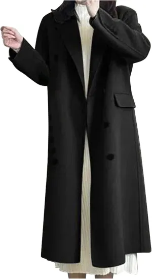 Long Trench Coat for Women Casual Double Breasted Pea Coat Winter Notched Lapel Midi Wool Coat Jacket Overcoat