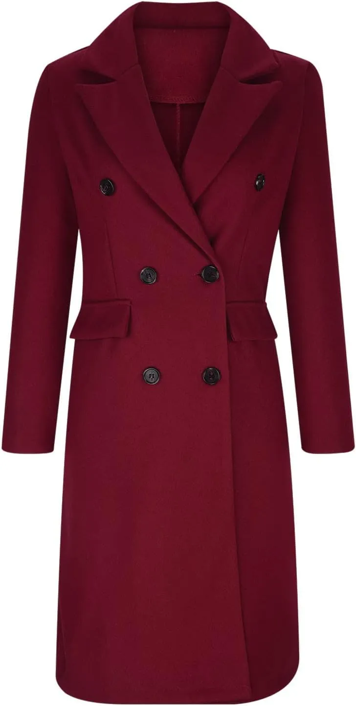 Long Trench Coat for Women Casual Double Breasted Pea Coat Winter Notched Lapel Midi Wool Coat Jacket Overcoat