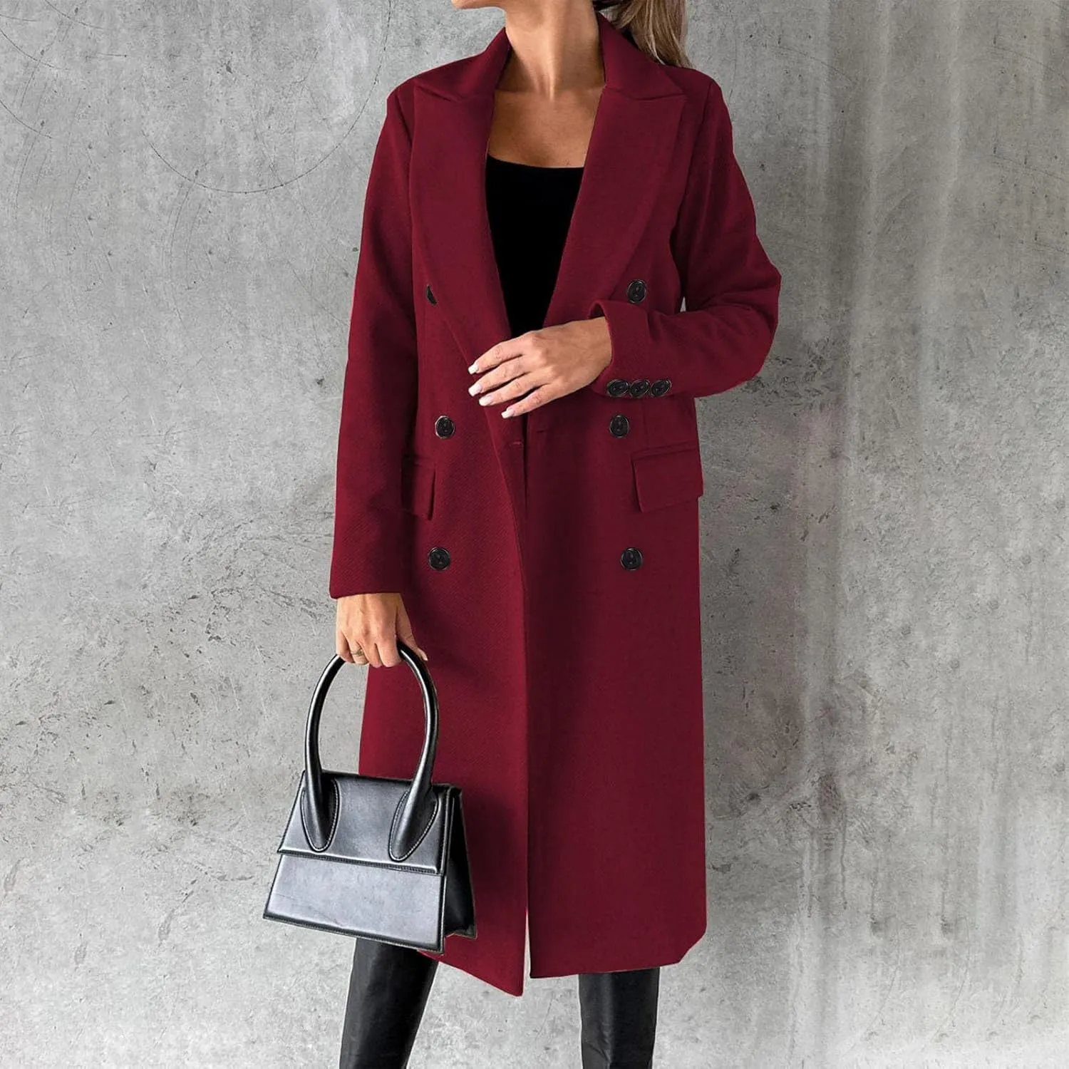 Long Trench Coat for Women Casual Double Breasted Pea Coat Winter Notched Lapel Midi Wool Coat Jacket Overcoat