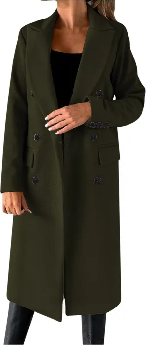 Long Trench Coat for Women Casual Double Breasted Pea Coat Winter Notched Lapel Midi Wool Coat Jacket Overcoat