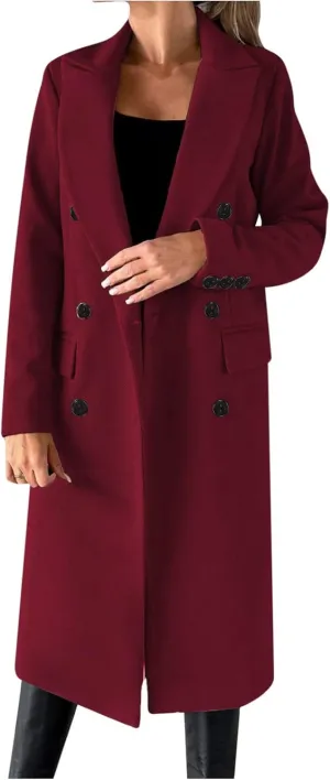 Long Trench Coat for Women Casual Double Breasted Pea Coat Winter Notched Lapel Midi Wool Coat Jacket Overcoat