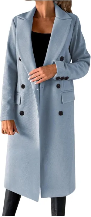 Long Trench Coat for Women Casual Double Breasted Pea Coat Winter Notched Lapel Midi Wool Coat Jacket Overcoat