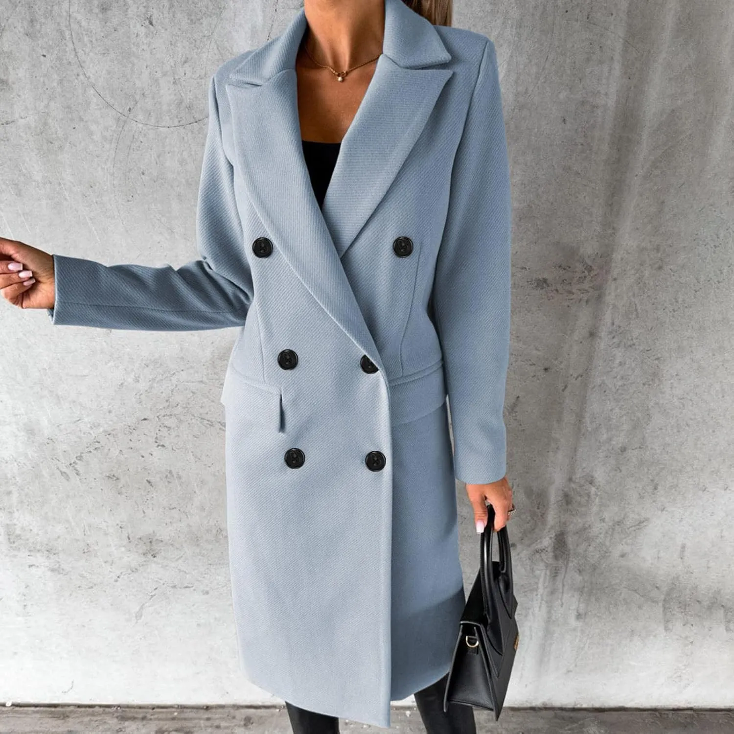 Long Trench Coat for Women Casual Double Breasted Pea Coat Winter Notched Lapel Midi Wool Coat Jacket Overcoat