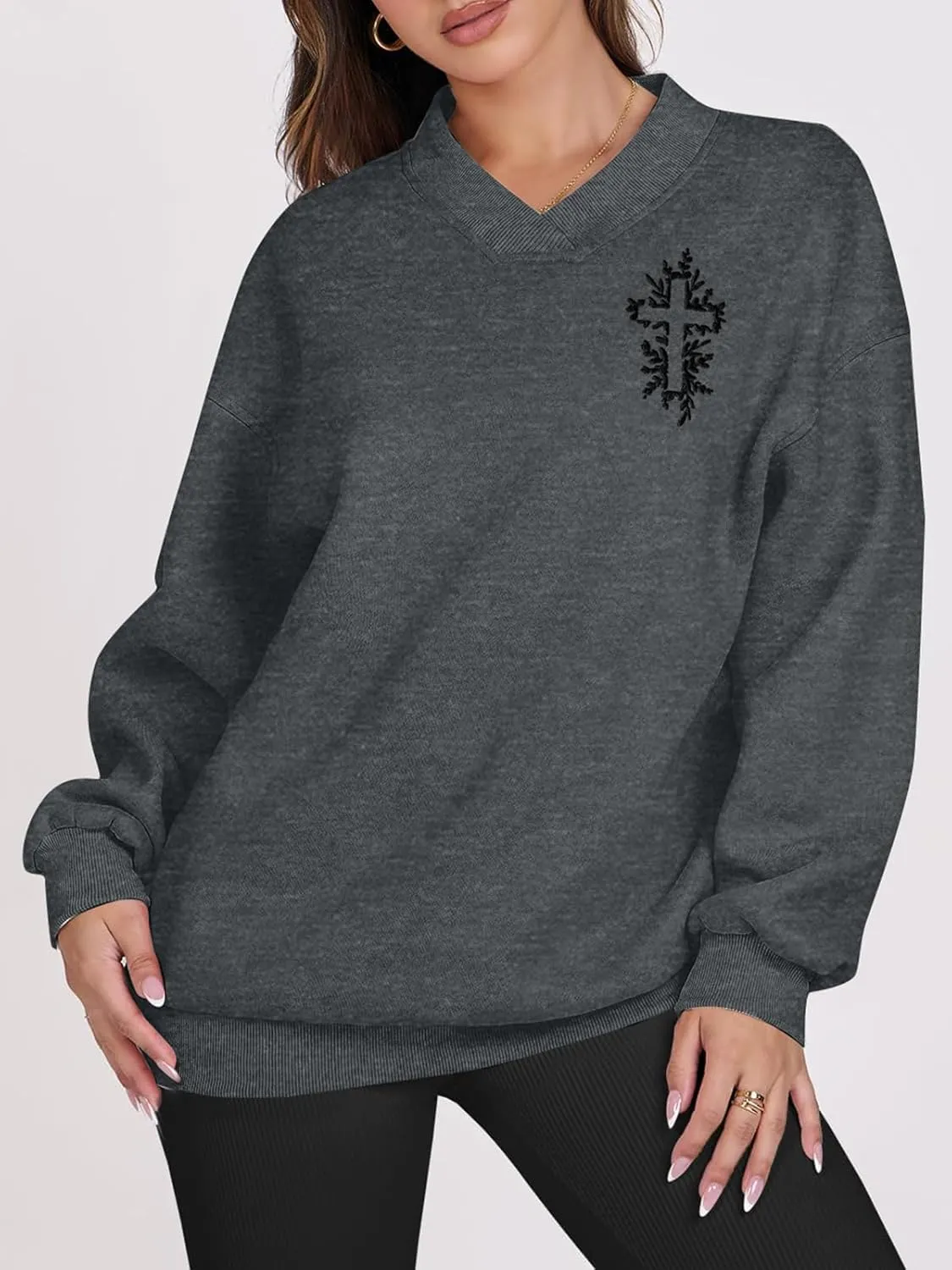 LOTUCY Christian Sweatshirts Women Fall Oversized V neck Long Sleeve Hoodies Pullover Teen Preppy Clothes