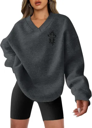 LOTUCY Christian Sweatshirts Women Fall Oversized V neck Long Sleeve Hoodies Pullover Teen Preppy Clothes