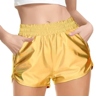 MAKARTHY Women's Metallic Shorts Elastic Waist Shiny Sparkly Rave Pants
