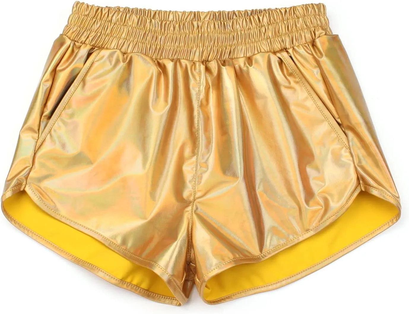 MAKARTHY Women's Metallic Shorts Elastic Waist Shiny Sparkly Rave Pants